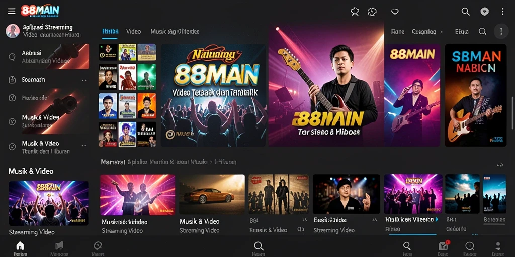 Tampilan antarmuka aplikasi <strong>88MAIN</strong> yang modern dan menarik untuk streaming video.