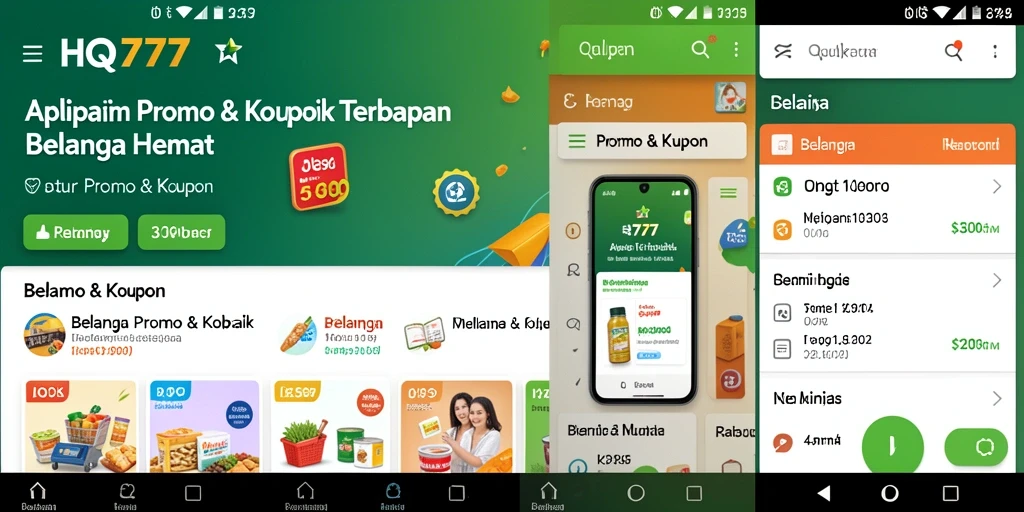 Antarmuka aplikasi HQ777 dengan berbagai pilihan kupon dan promo.