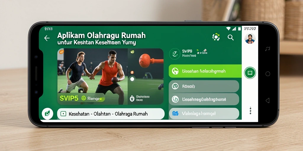 Antarmuka aplikasi SVIP5 dengan berbagai fitur olahraga rumah.